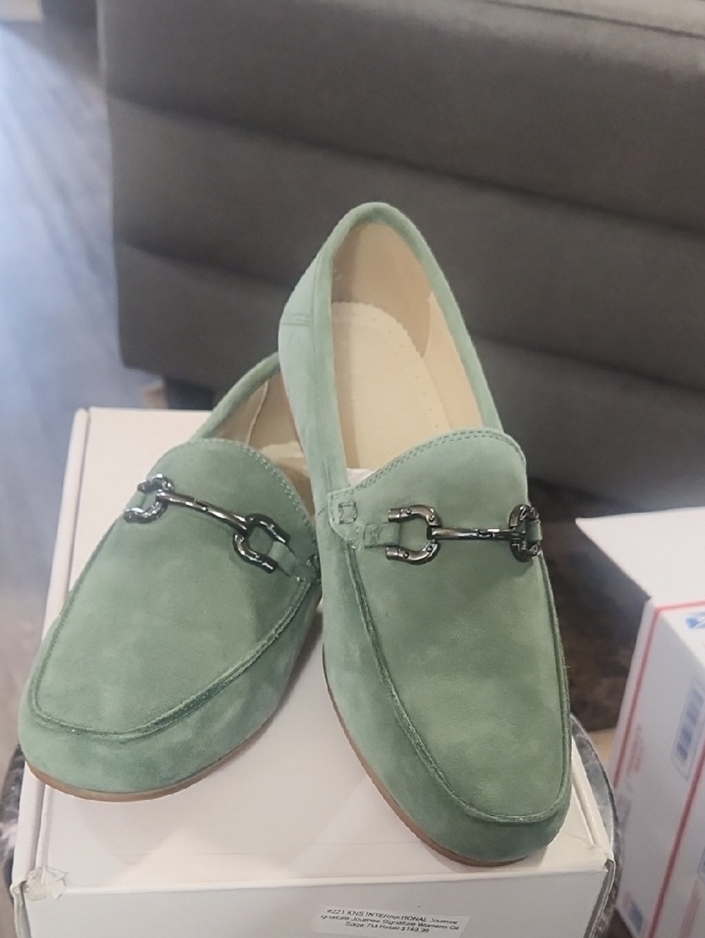 Women’s Green Suede Bit Loafers. Super Soft Lots Of Cushion Also.